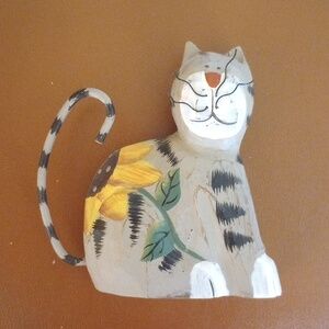 Painted Wooden Cat Decor w/ Metal Whiskers & Sunflower Design
